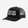 All black trucker hat with mesh back and logo on front.