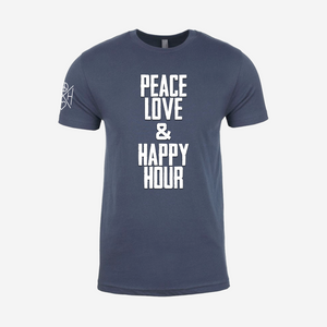 Peace Love and Happy Hour text in white on the front of The Drifter unisex, Indigo t-shirt with our crossbar logo on the right sleeve in white. 
