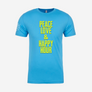 The front of the Good Vibes bright turquoise unisex t-shirt with yellow print centered on the front