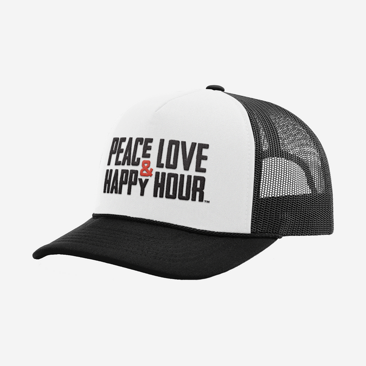 Trucker hat with black mesh back and white front panel with Peace Love & Happy Hour logo in black and red on front.