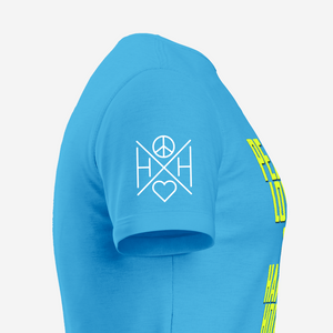 The right sleeve of the Good Vibes turquoise unisex t-shirt with our crossbar logo on the right sleeve. 